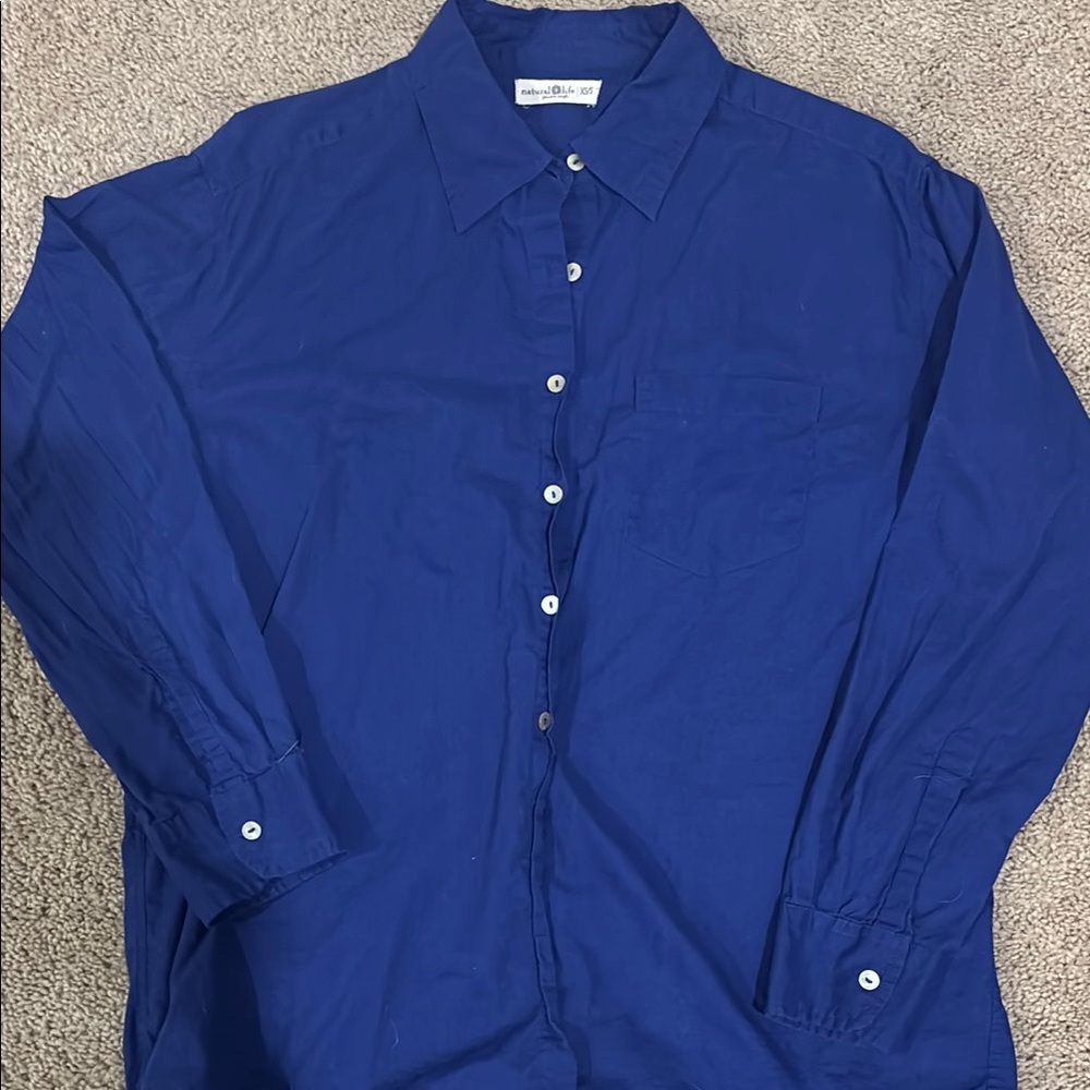 NATURAL LIFE Blue Blouse with Classic Collar and Long Sleeves